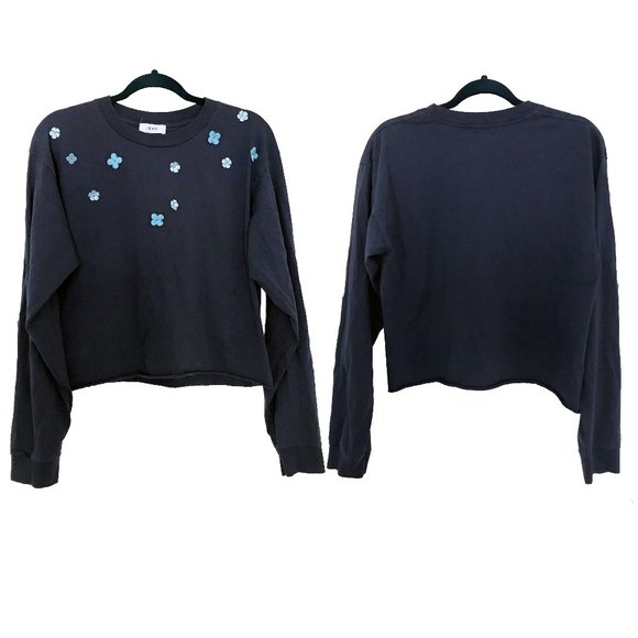IGWT Floral Appliqué Slate Blue Crop Top Long Sleeve L - Picture 1 of 2